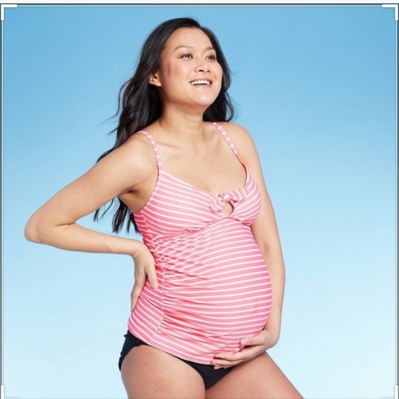 Maternity Striped Tie-Front Tankini Top - Picture 1 of 4